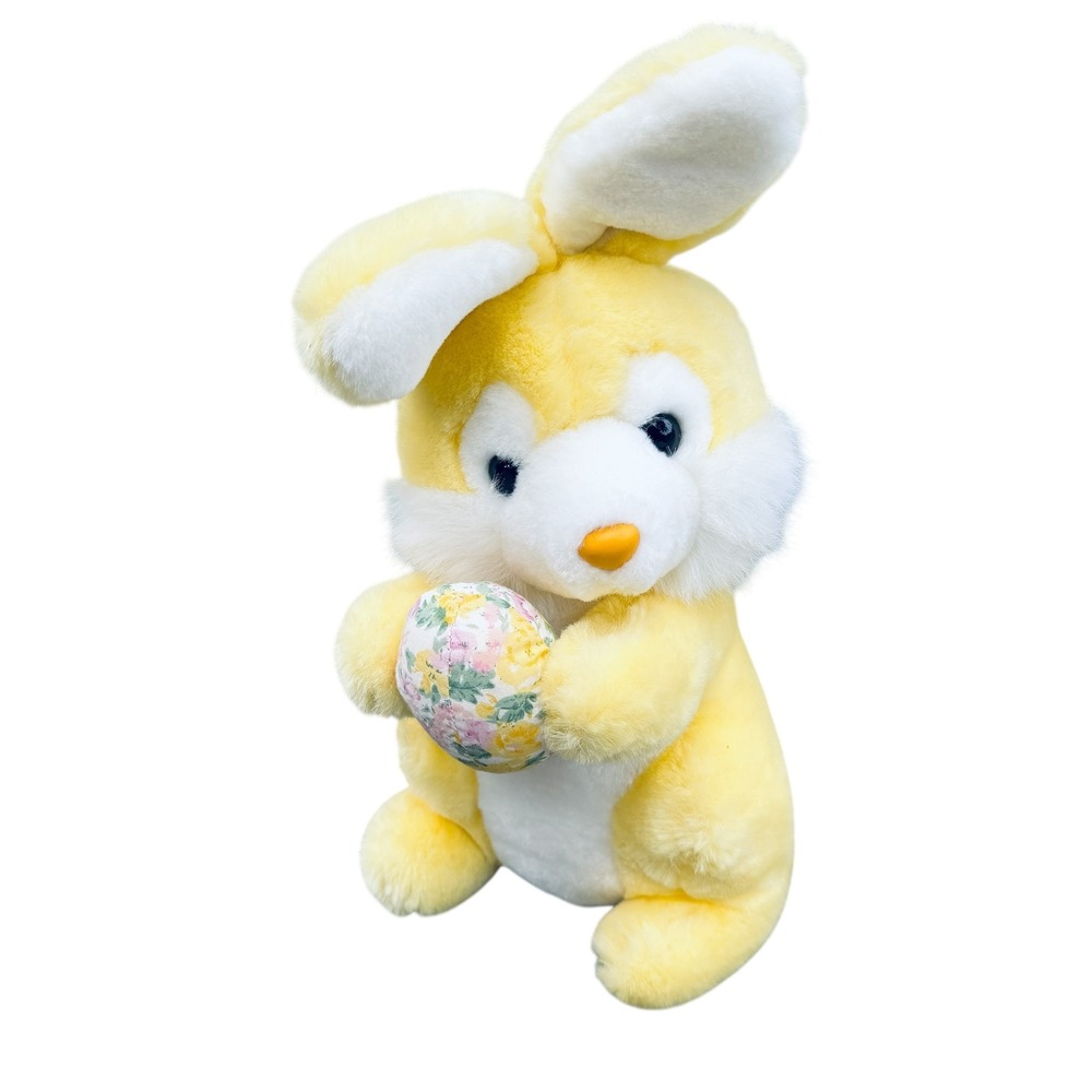 Vintage 1987 Chosun Yellow Easter Bunny Rabbit Plush Floral Egg 11 Inch